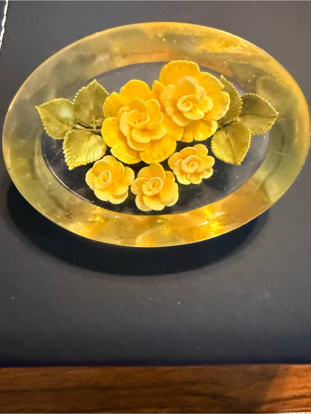 Vintage Reverse Carved Acrylic Lucite Yellow Rose Pin